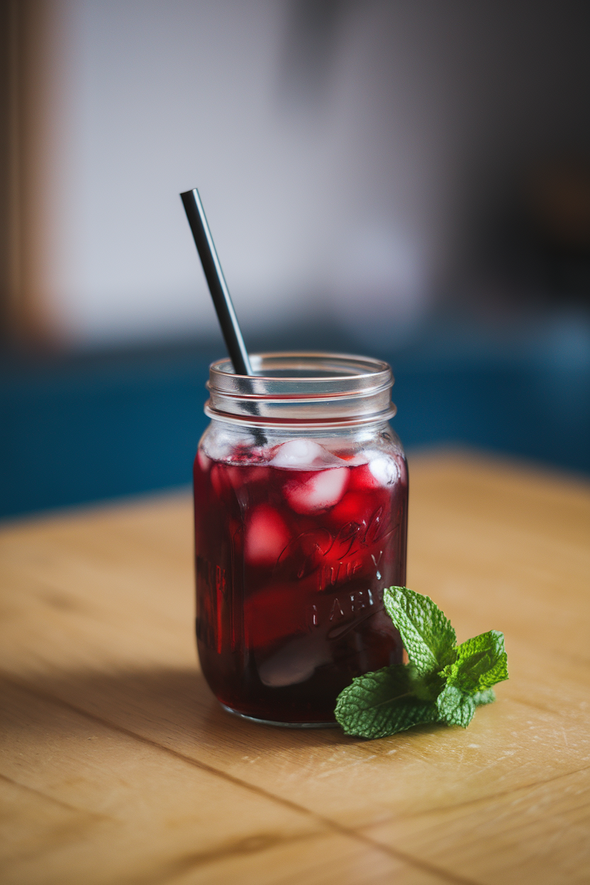 Indoor wooden table with a mason jar of dark ruby raspberry iced tea, black paper straw, and a sprig of mint. Photo, no text or logos.