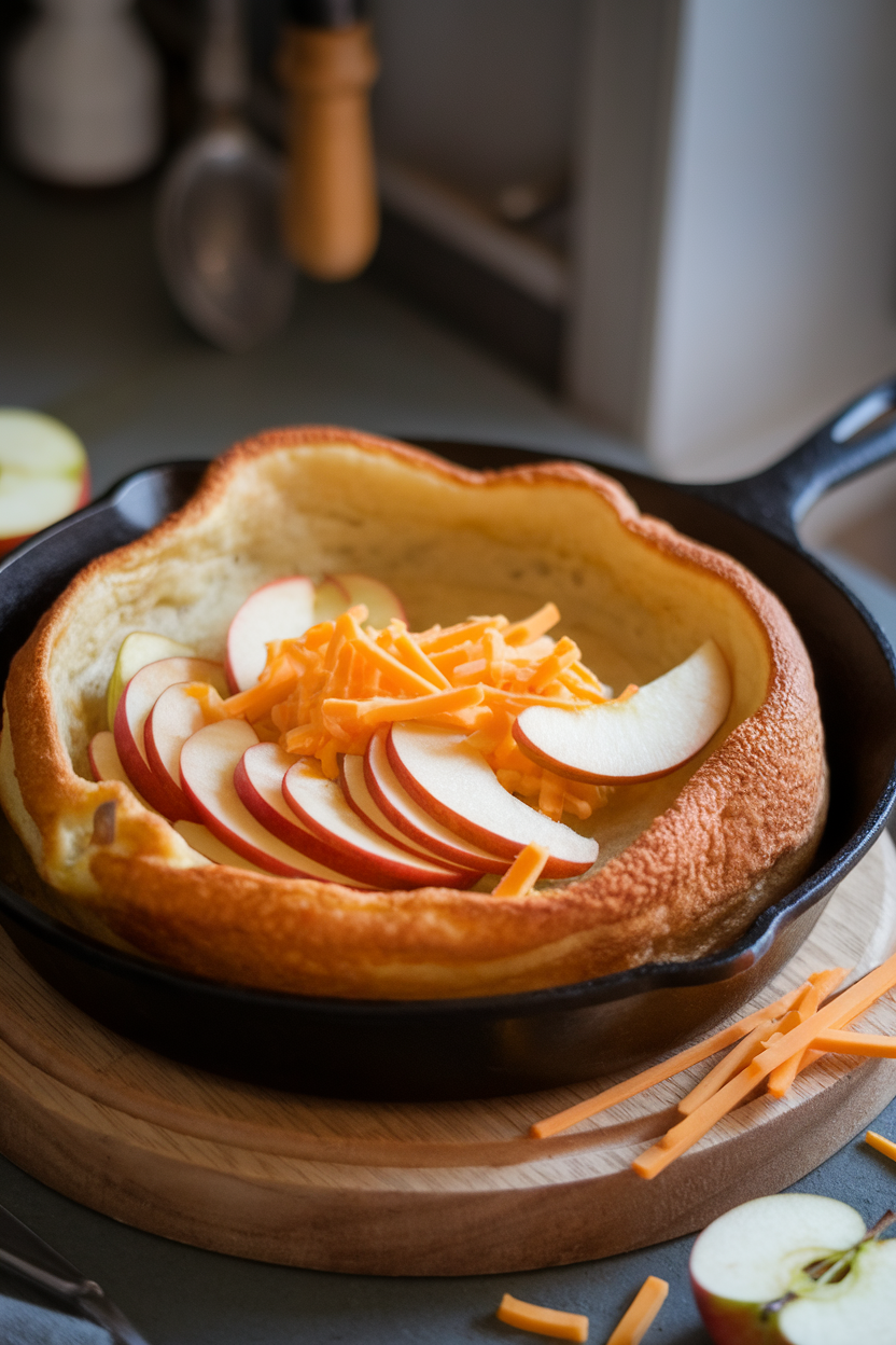Photo of an indoor cast-iron skillet holding a puffed Dutch baby topped with sautéed apple slices and melted cheddar shreds. No text or logos visible.