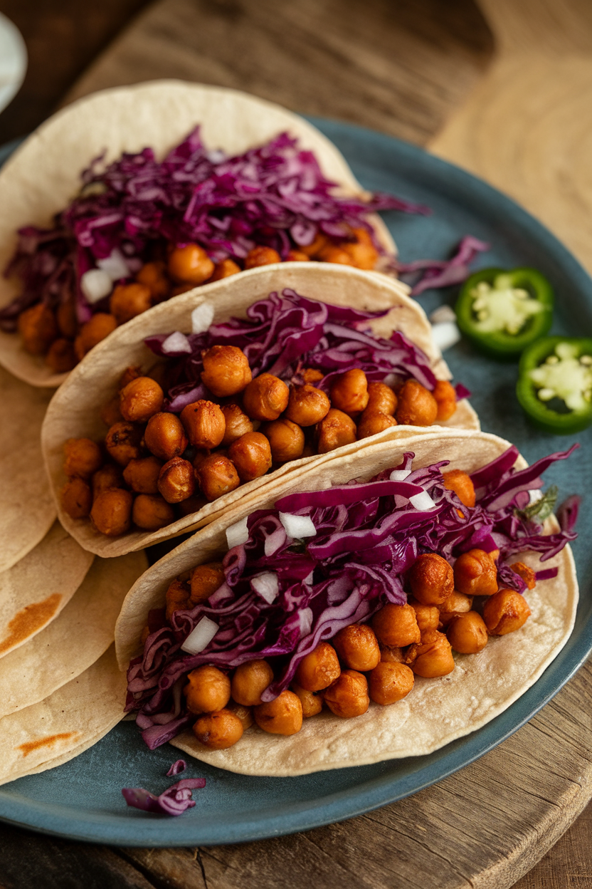 An indoor taco platter displaying roasted chickpea filling and crunchy purple cabbage slaw inside warm tortillas. No text or logos.