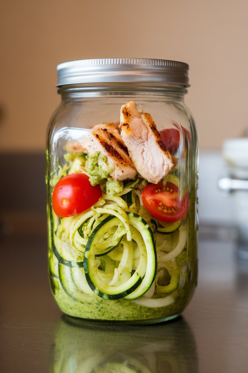 A glass jar on an indoor counter holding spiralized zucchini tossed in bright green pesto, cherry tomato halves, and grilled chicken strips. No text or logos; photo only.