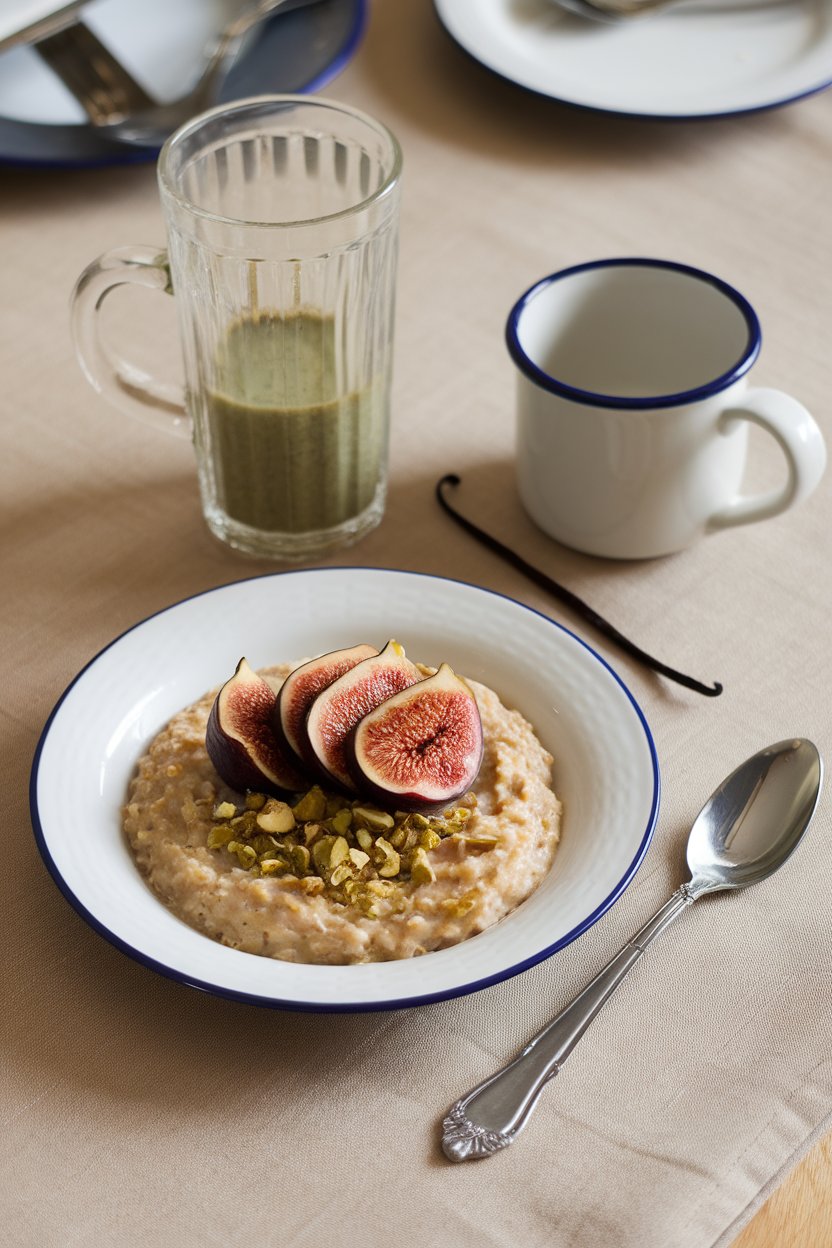 Indoor elegant breakfast setting displaying oatmeal topped with sliced figs and crushed pistachios, vanilla bean visible nearby. No text or logos. Photo.