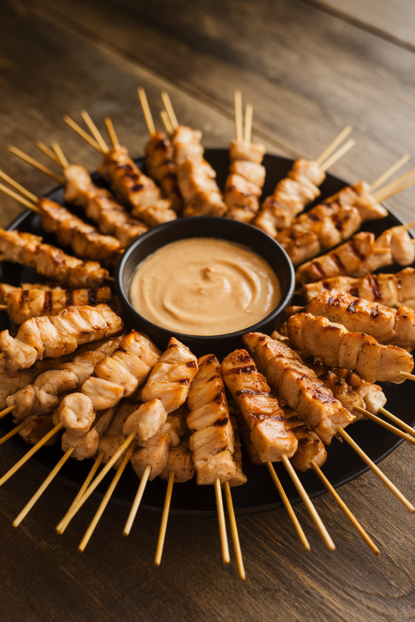 An indoor platter of short skewers holding grilled chicken satay, bowl of creamy peanut sauce in center, no text or logos.