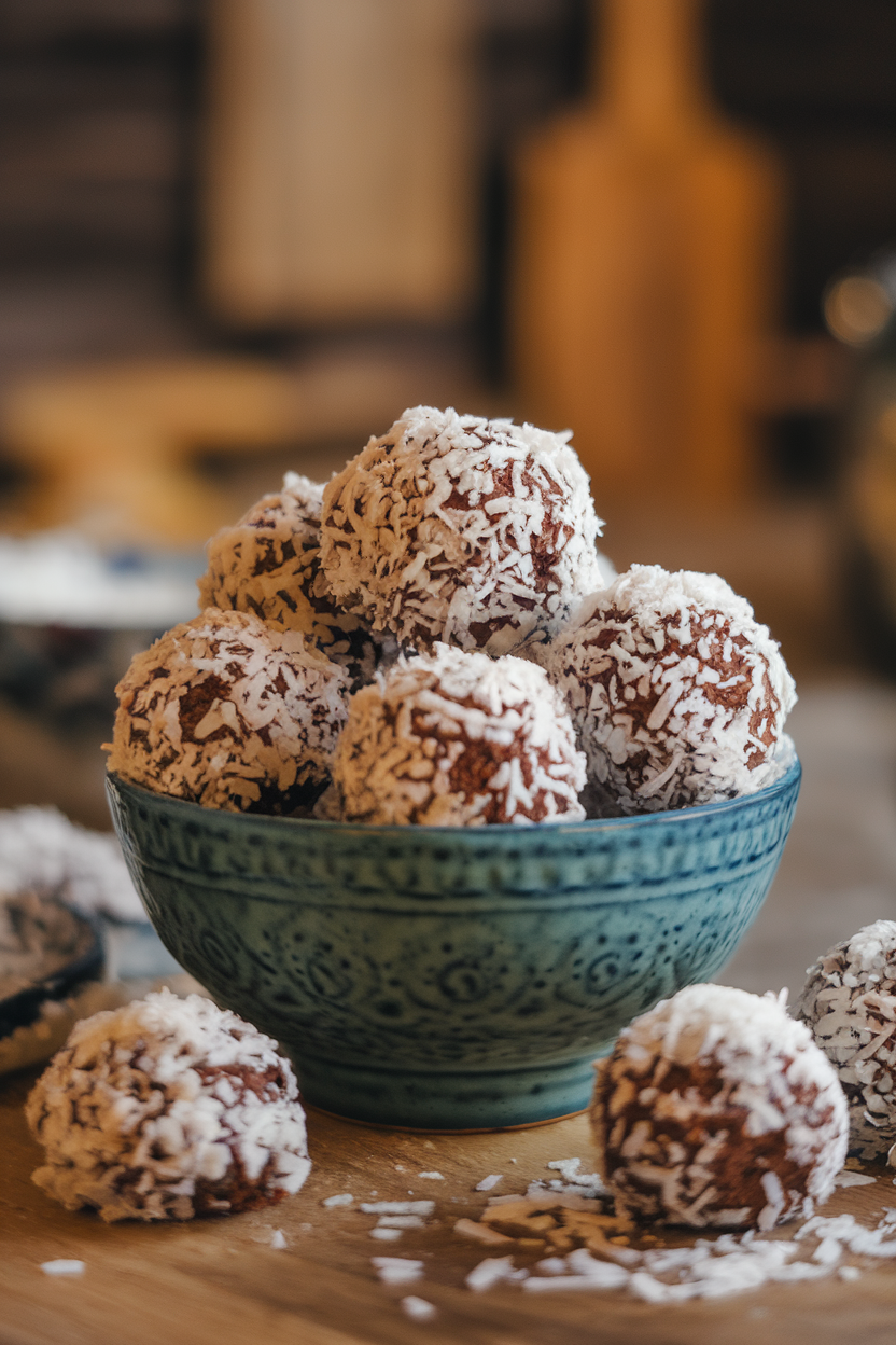 Indoor shot of coconut-covered truffle-style cookies piled in a bowl, light catching the shredded coconut, no text or logos.