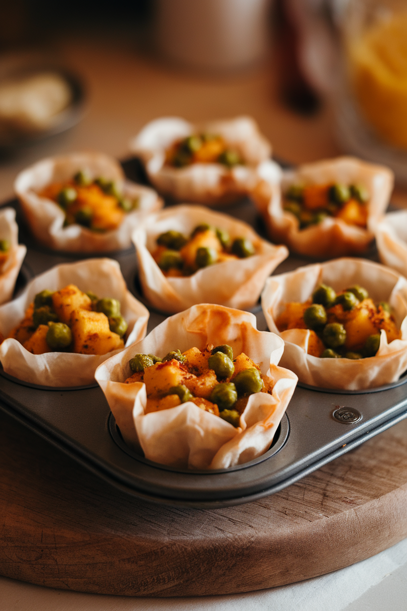 Photo of an indoor muffin tin with phyllo cups filled with spiced potato and pea mixture, tops lightly browned; warm indoor lighting, no text or logos