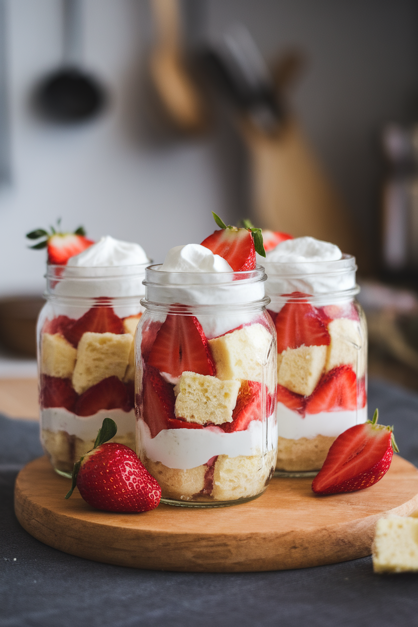 Indoor photo of mason jars layered with shortcake cubes, whipped cream, and strawberry slices, no text or logos