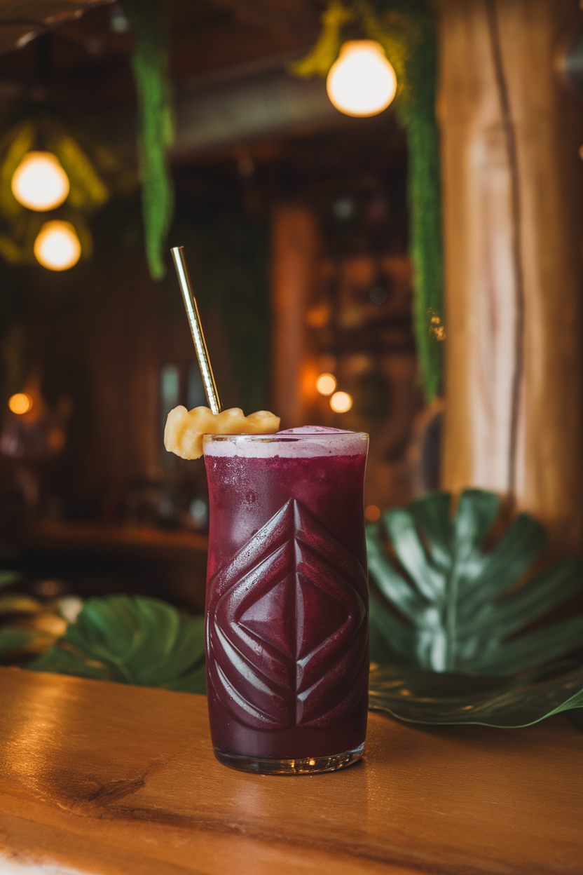 Indoor photo of a tiki glass filled with deep purple plum mocktail, swizzle stick and candied ginger garnish; dim tiki bar lighting; no text or logos.