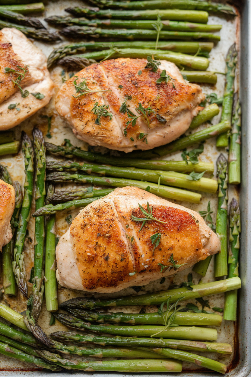An indoor oven-fresh sheet pan containing golden chicken breasts and bright green asparagus spears sprinkled with herbs. No branding or text present.