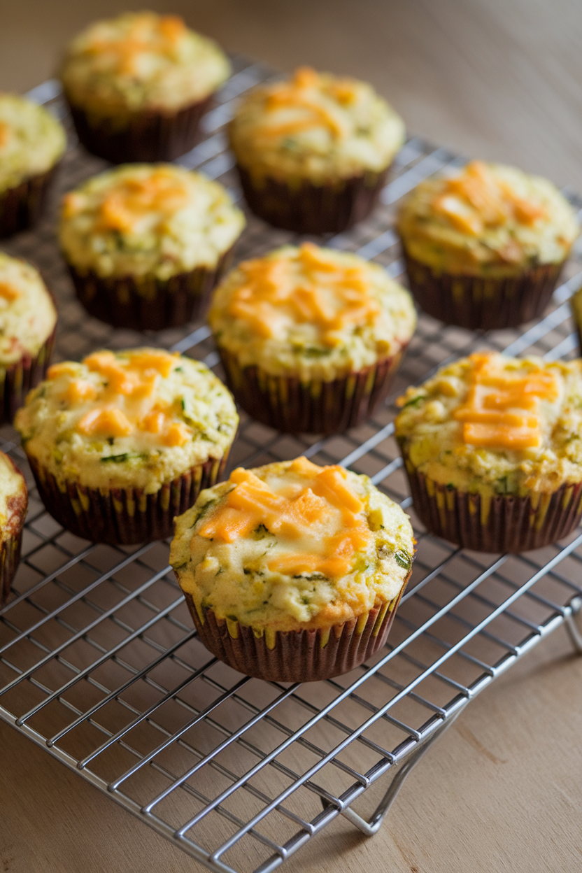 An indoor cooling rack with savory muffins showing green zucchini flecks and golden cheese tops, no text or logos.