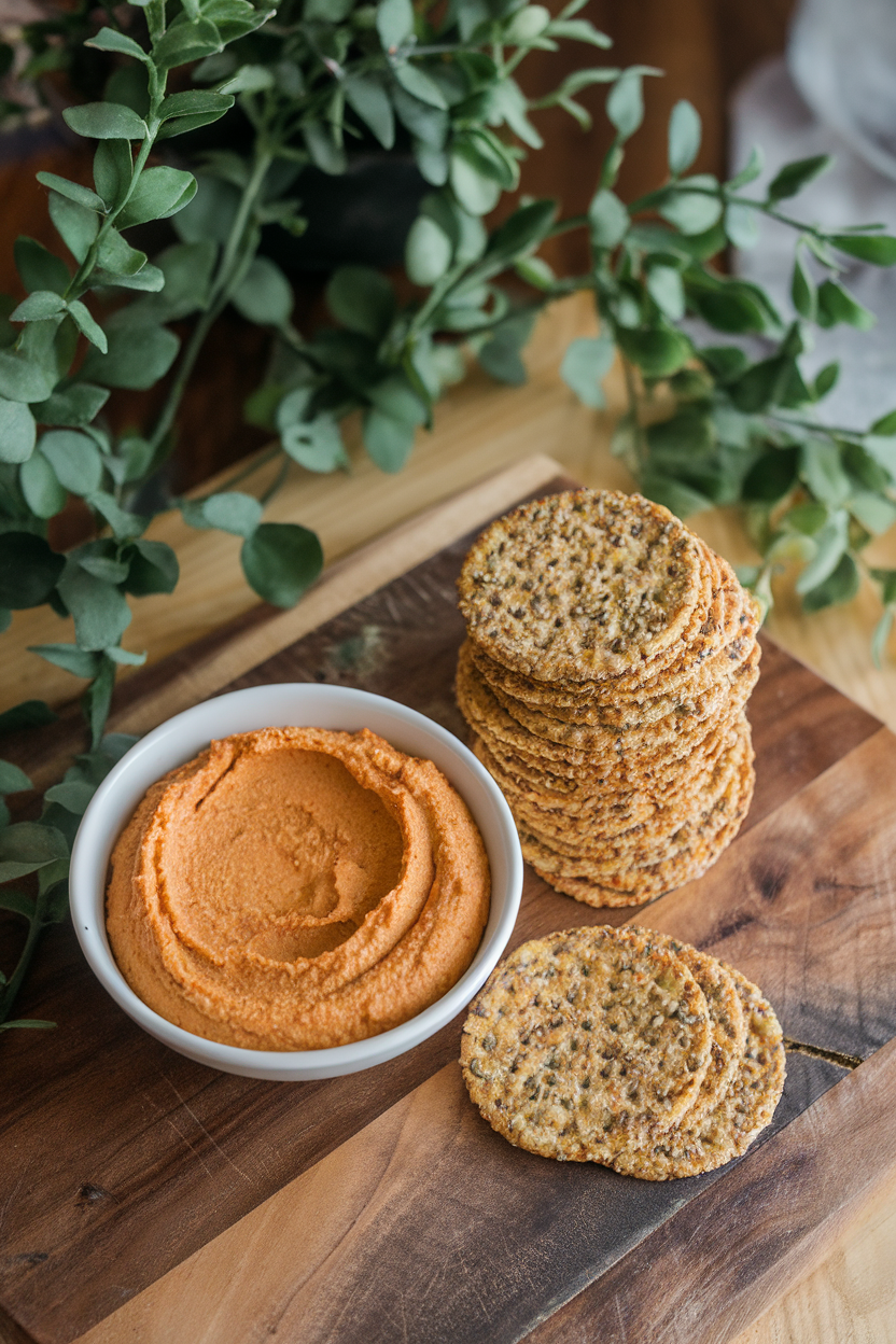 Photo of an indoor wooden board with a bowl of smooth hummus and a stack of multiseed crackers, no text or logos.