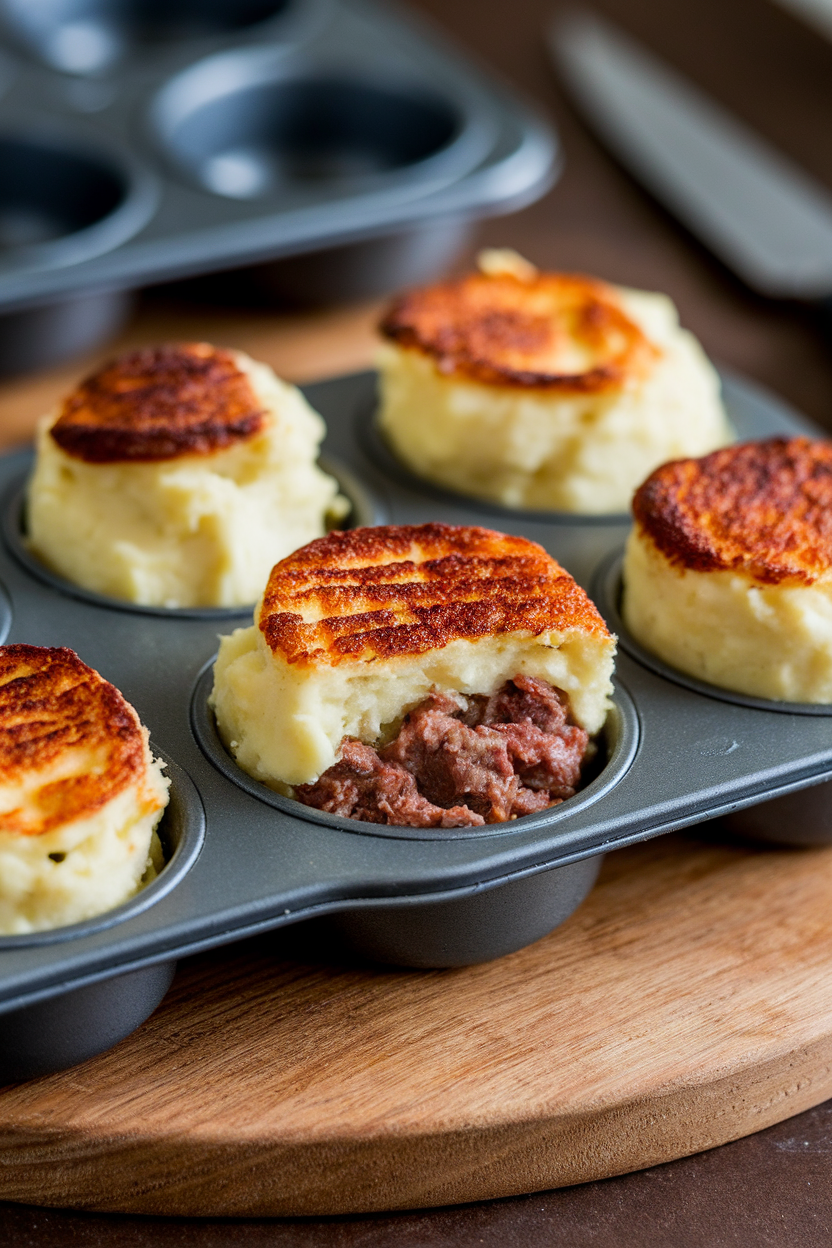 Indoor photo of mini muffin tin pies with browned mashed potato tops and beef filling peeking out. No text or logos.