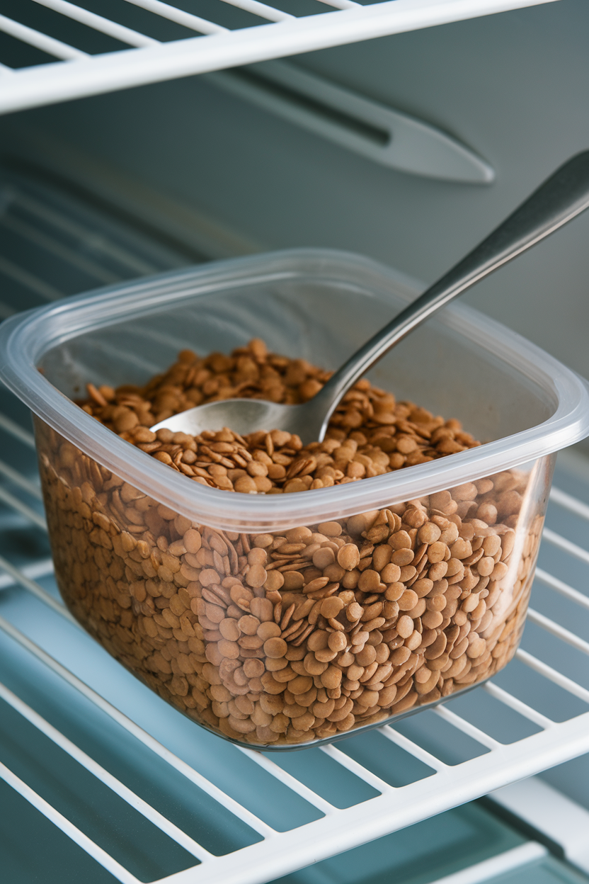 Photo, indoor refrigerator shelf with a BPA-free container of cooked brown lentils, spoon resting inside, no logos.