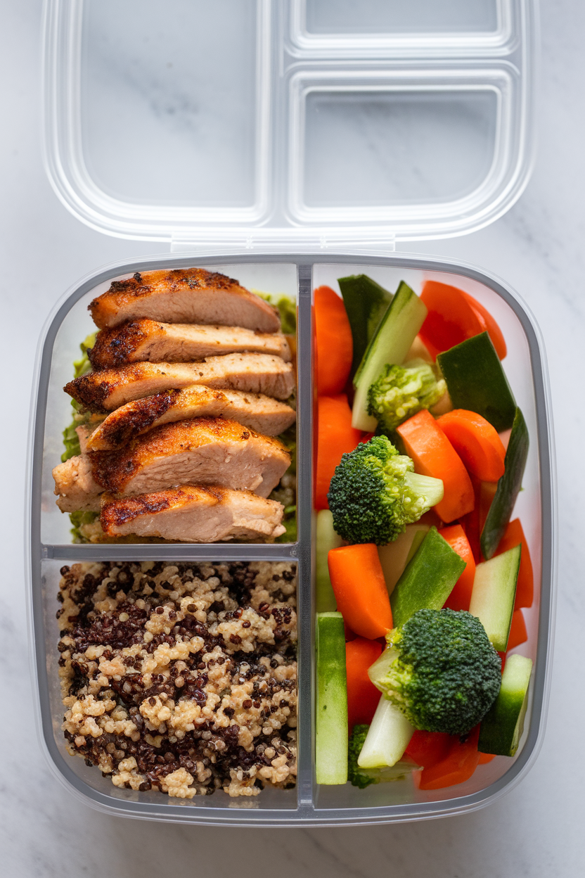 A divided lunch container showing grilled chicken strips, quinoa, and mixed vegetables, balanced portions. No logos or text. Photo.