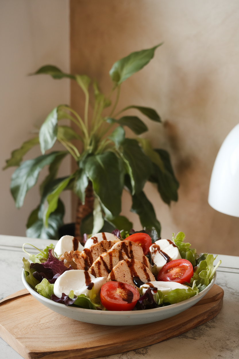 An indoor dining setting with a shallow bowl of mixed greens, grilled chicken medallions, halved grape tomatoes, fresh mozzarella, and balsamic drizzle. No text or logos. Photo.