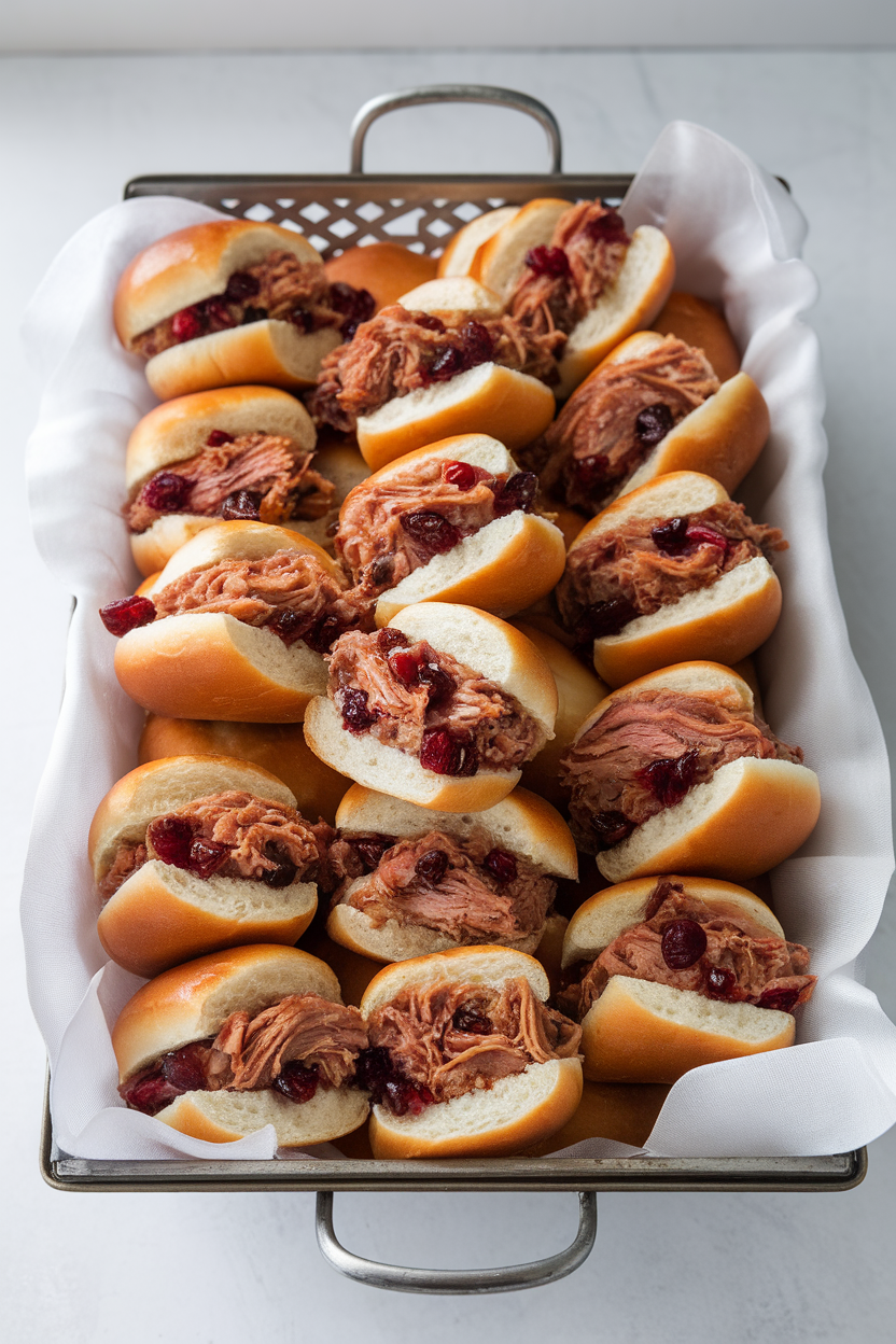An indoor buffet tray lined with mini brioche buns overflowing with cranberry-infused pulled pork, no logos.