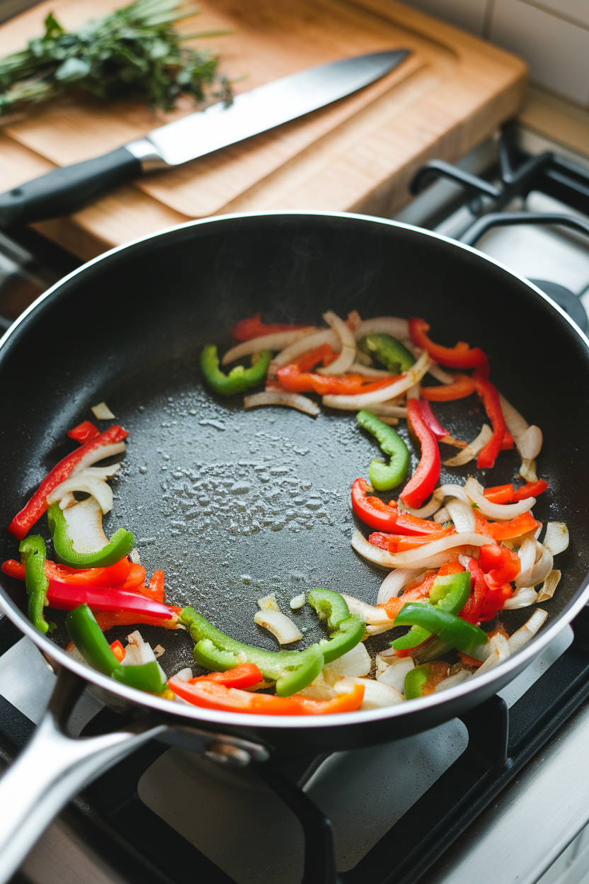 A stovetop scene showing sautéed onions and peppers sizzling in a splash of vegetable broth inside a sauté pan. No logos or text. Photo.