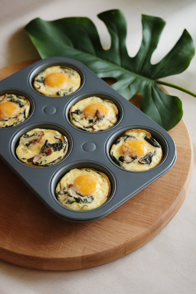 Indoor photo of a muffin tin holding mini egg frittatas with visible spinach and mushroom pieces. No text or logos.
