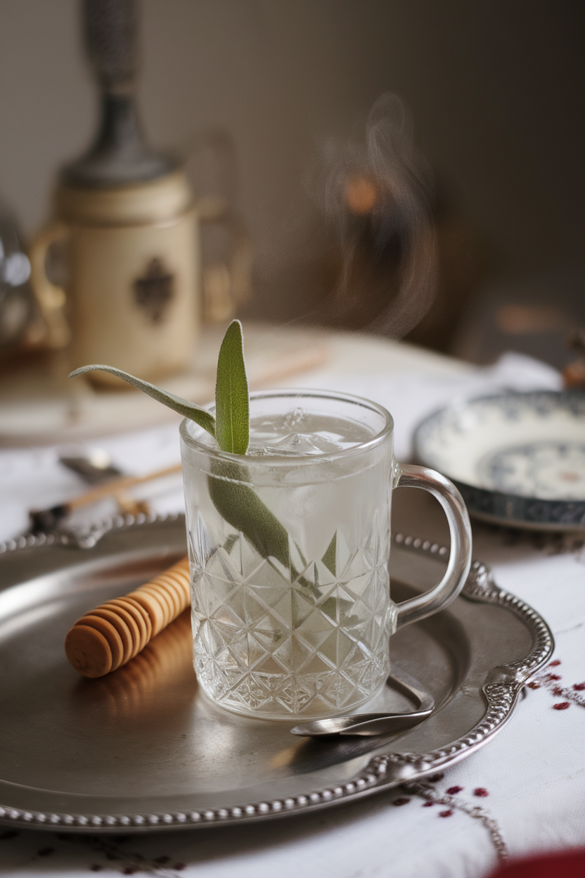 Cozy indoor tea table displaying a clear glass mug of steaming gin drink, sage leaf floating, honey dipper resting nearby. No text or logos; photograph, not illustration.