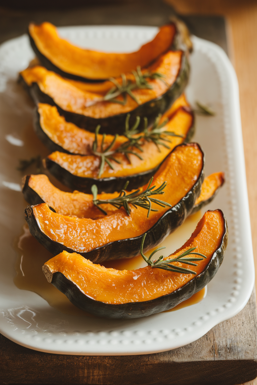 Indoor photo of acorn squash wedges glazed with maple syrup and sprinkled with chopped rosemary on a serving platter. No text or logos.