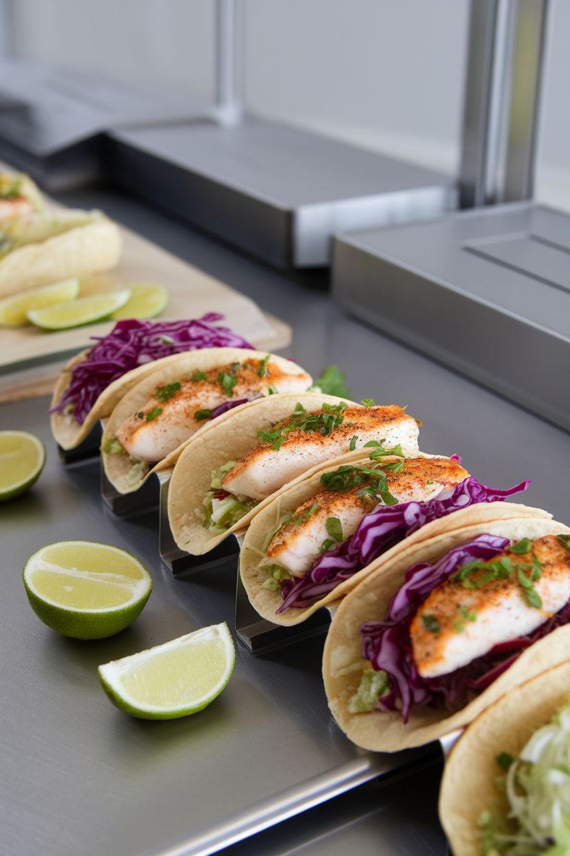 Indoor taco stand setup with corn tortillas holding seasoned flaky fish, purple cabbage slaw, and lime wedges. No text or logos present; photo.