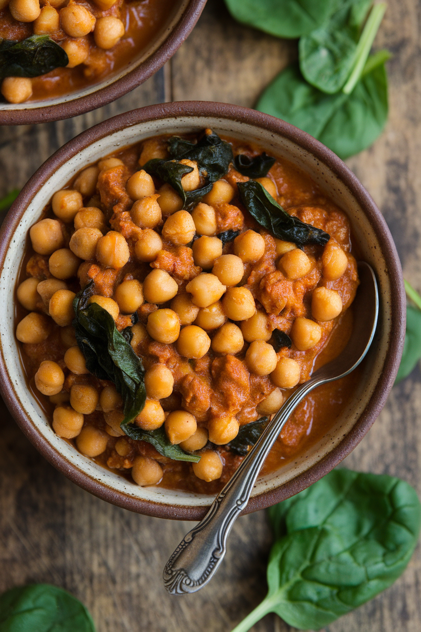 Indoor photo of golden chickpea chili dotted with wilted spinach leaves, served in a pottery bowl with a silver spoon; no text or logos.