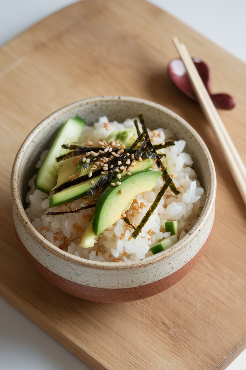 An indoor ceramic bowl holding cooked sushi rice, cucumber sticks, avocado slices, seaweed strips, and sesame seeds. Photo, no text or logos.