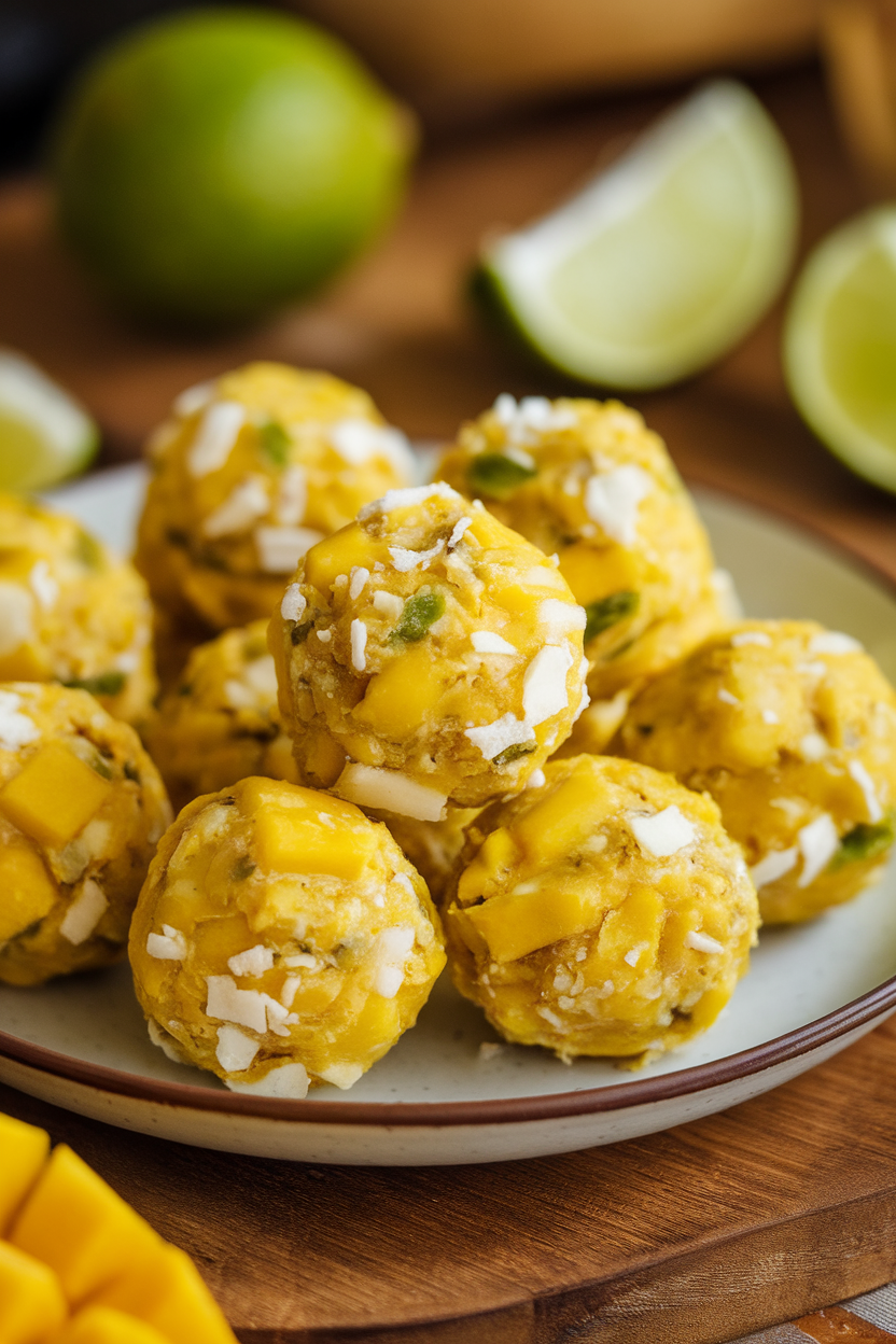 Photo of an indoor plate with bright yellow mango coconut lime energy balls, lime wedges in the background. No text or logos.