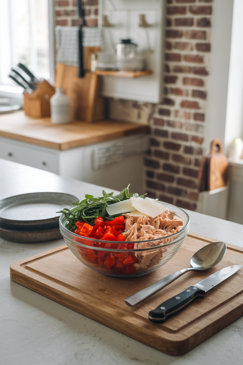 Indoor kitchen island displaying a bowl of diced roasted red peppers, shredded chicken, baby arugula, and shaved Parmesan — photo, no logos