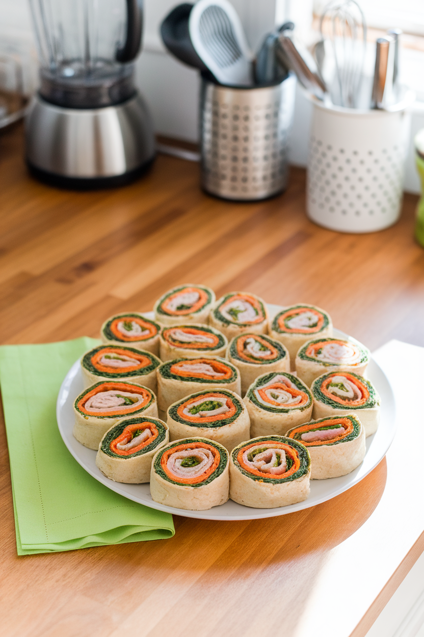 A brightly lit indoor kitchen counter featuring a white plate of tortilla pinwheels showing layers of spinach, shredded carrots, bell pepper strips, and turkey slices. Shot from slightly overhead, no text or logos in the scene.