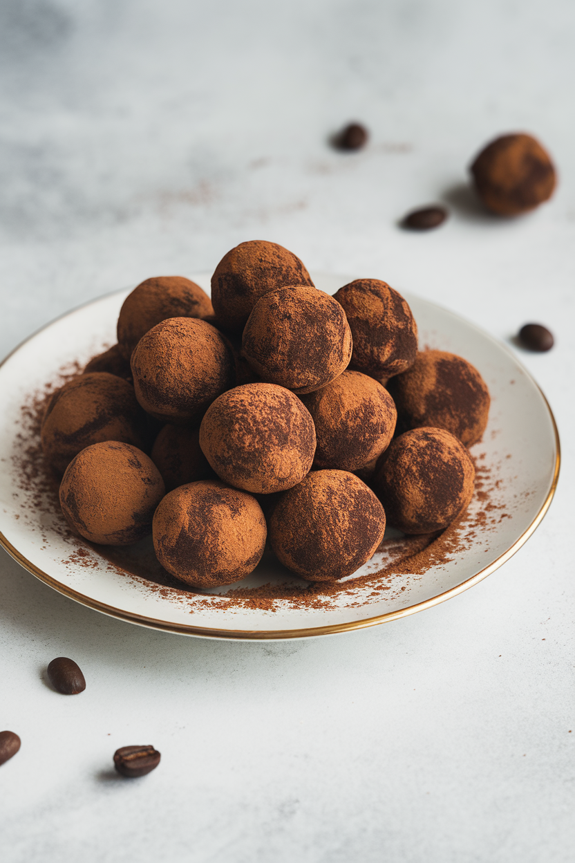 Indoor plate of dark chocolate espresso truffles rolled in cocoa powder, espresso beans scattered for accent; no text or logos. Photo, not illustration.