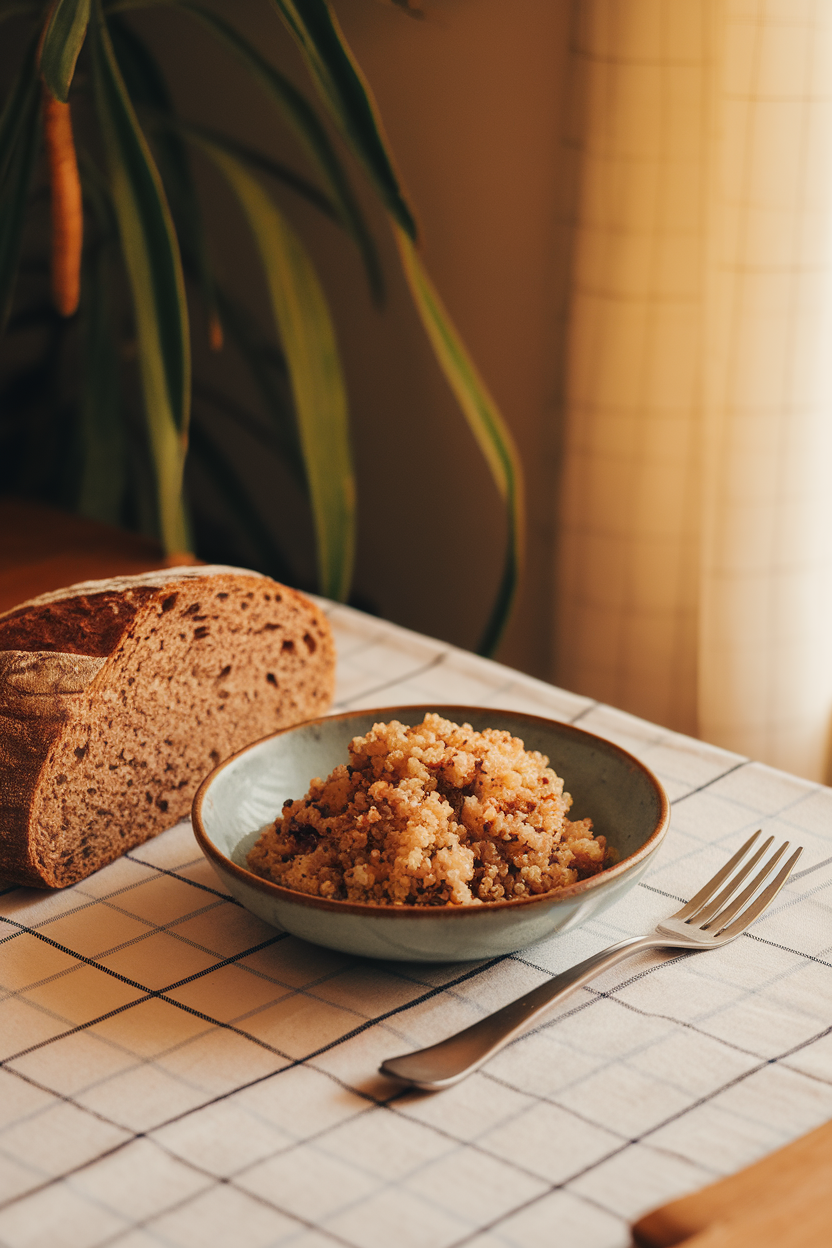 An indoor dining table with a small pile of cooked quinoa in a bowl next to a slice of whole-grain bread—photo, no text or logos.