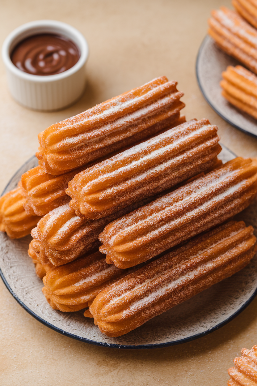 An indoor platter piled with short, ridged churros dusted generously in cinnamon sugar, small cup of chocolate sauce nearby, no logos.