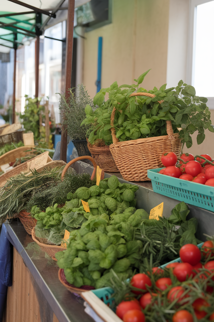 Indoor farmers’ market stall transformed into a kitchen counter lined with baskets of fresh herbs and tomatoes, no text or logos. Photo.