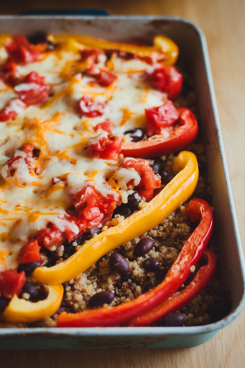 Indoor baking dish with cooked bell peppers filled with quinoa, black beans, and diced tomatoes, cheese melted on top. No text or logos present.