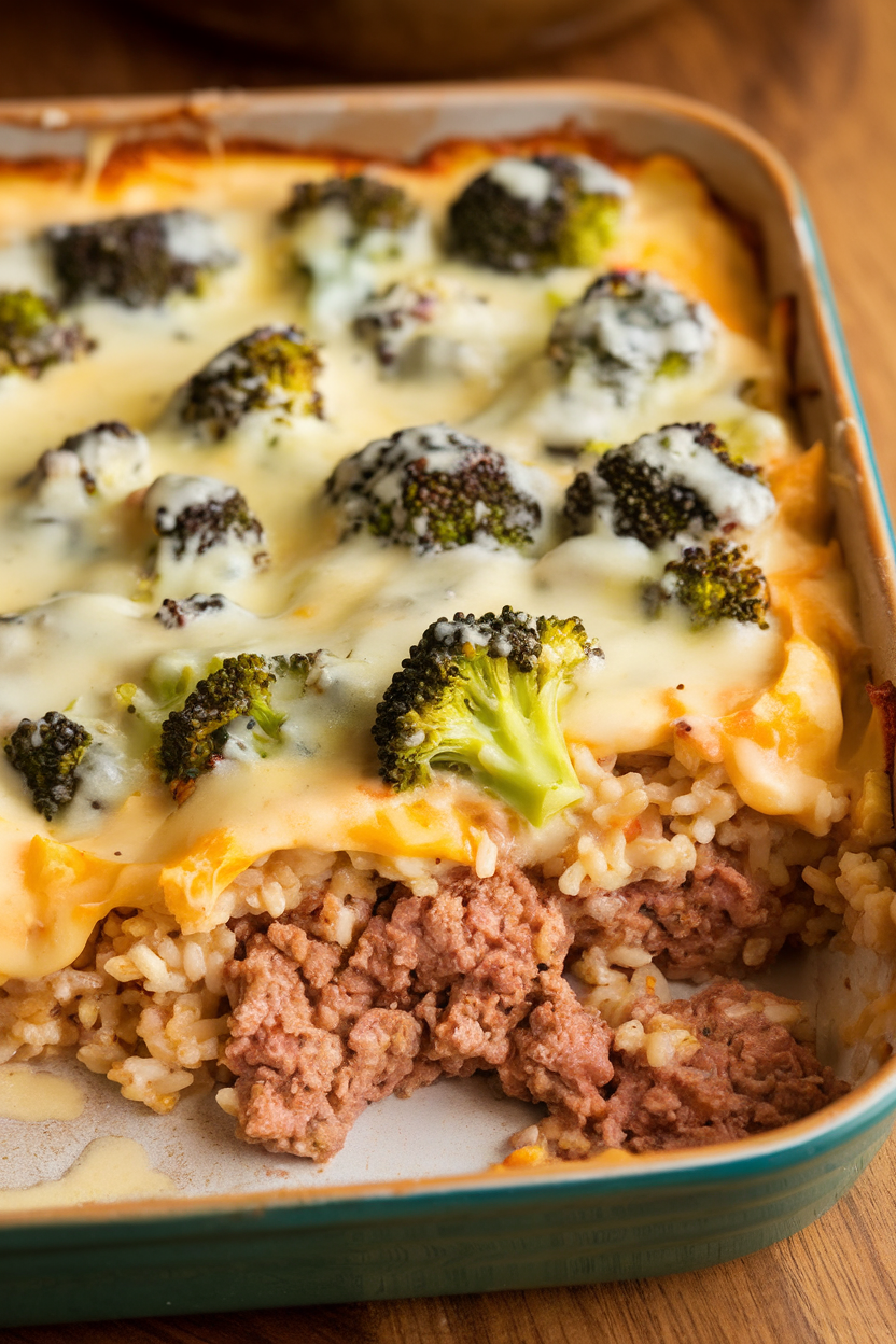 Indoor photo of a baking dish scooped to reveal layers of ground turkey, broccoli florets, and brown rice in a light cheese sauce, no text or logos.