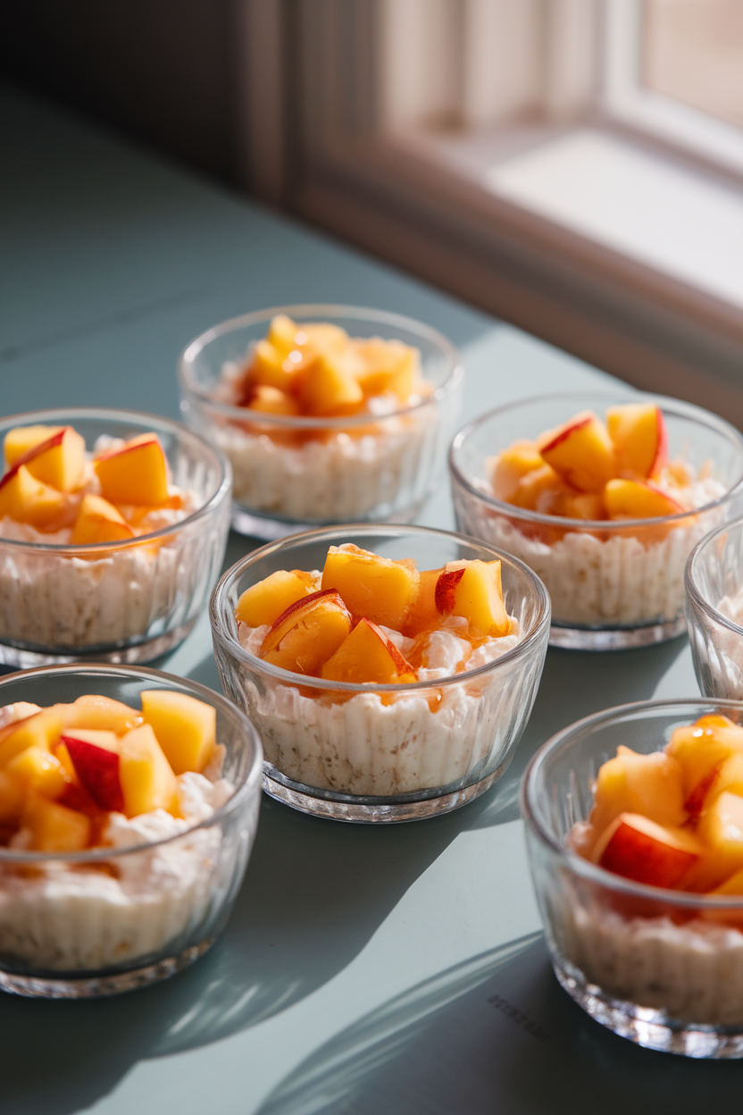 An indoor tabletop with small glass bowls of cottage cheese topped with diced fresh peaches and a drizzle of honey; soft afternoon light, no text or logos, photo not illustration.