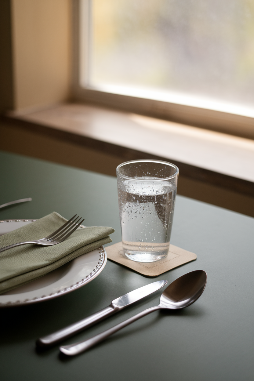 Photo of a clear water glass with condensation on an indoor dining table set for lunch, soft natural light coming from a window. No text or logos.