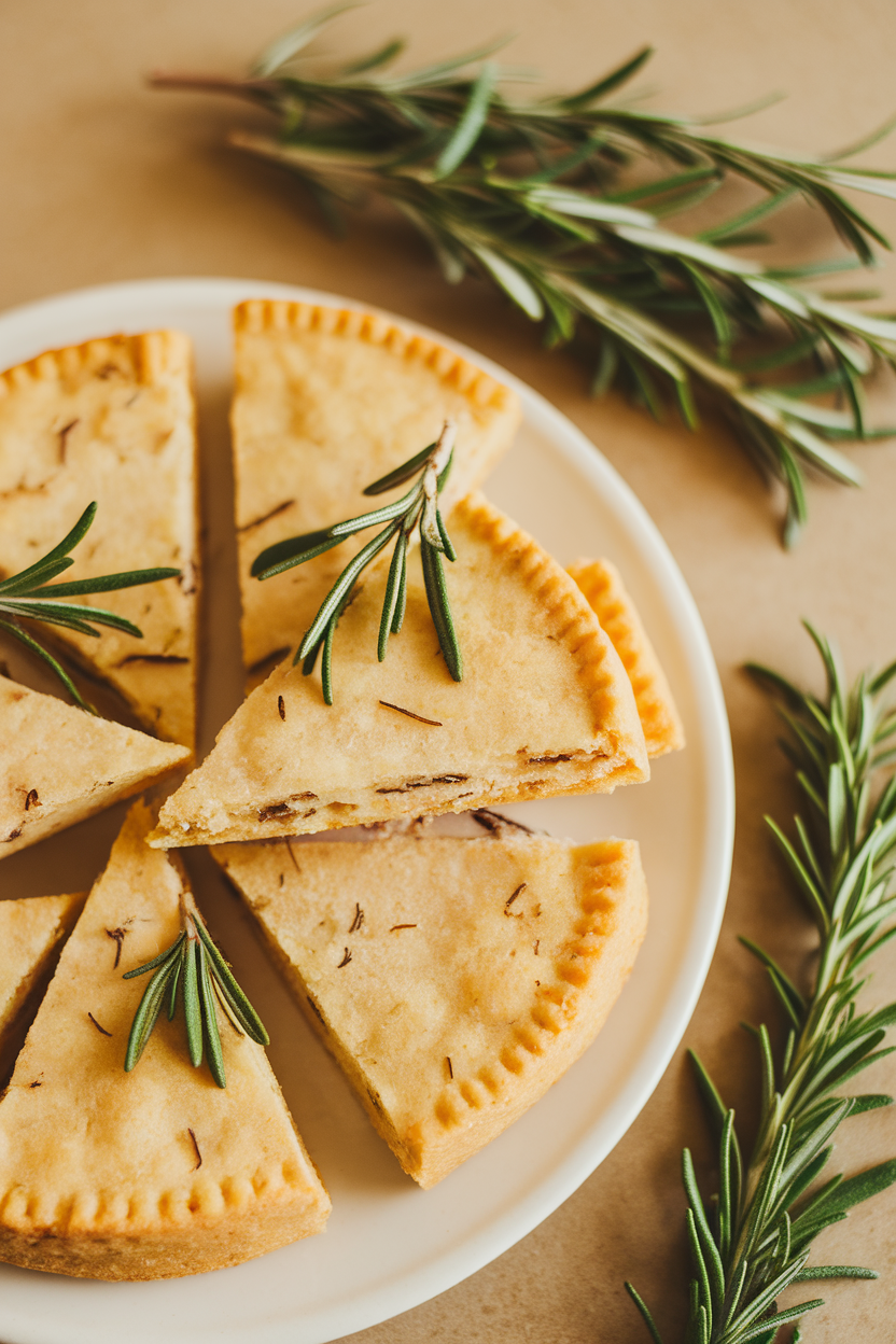 Photo prompt: Rosemary shortbread wedges on a white plate, sprigs of fresh rosemary nearby, indoor lighting, no text or logos.