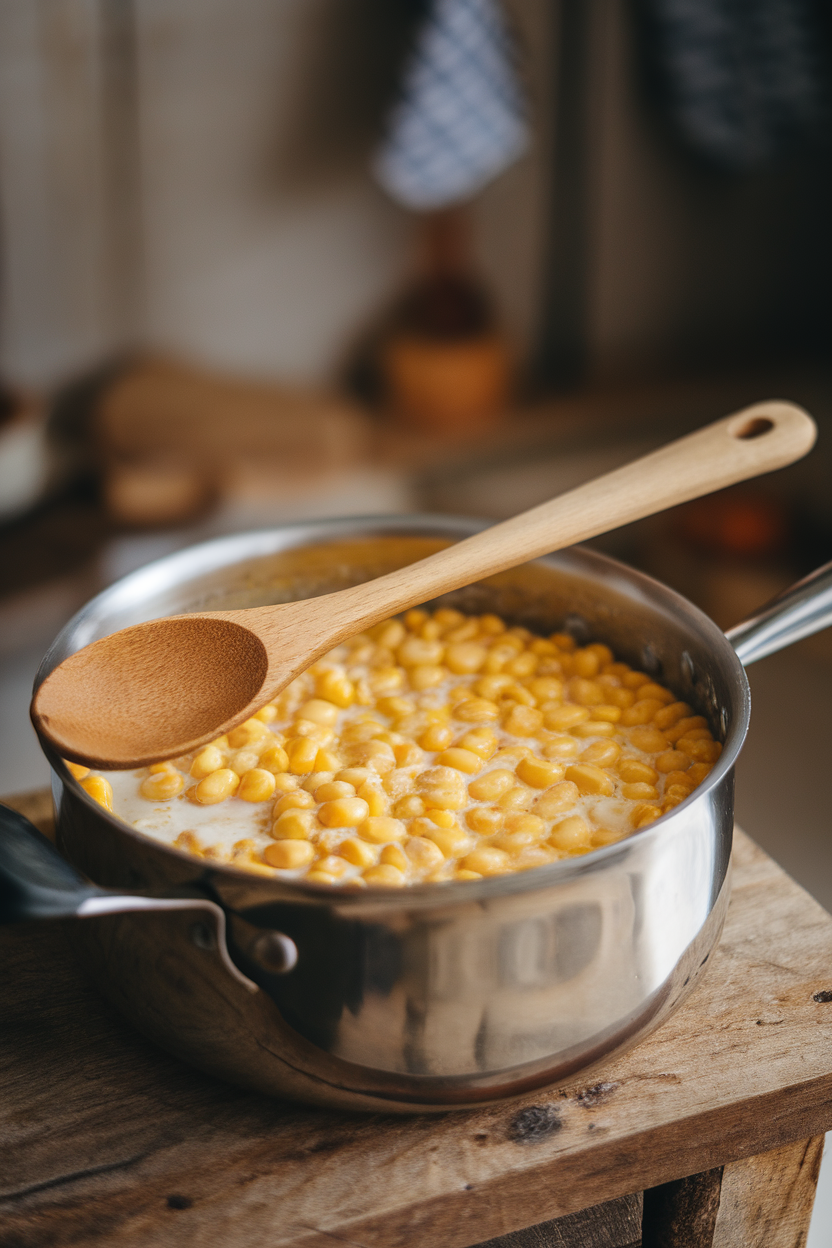 An indoor saucepan of creamy yellow corn kernels in coconut milk, wooden spoon resting across the top. This should be a photo, not an illustration. No text or logos anywhere in the scene.