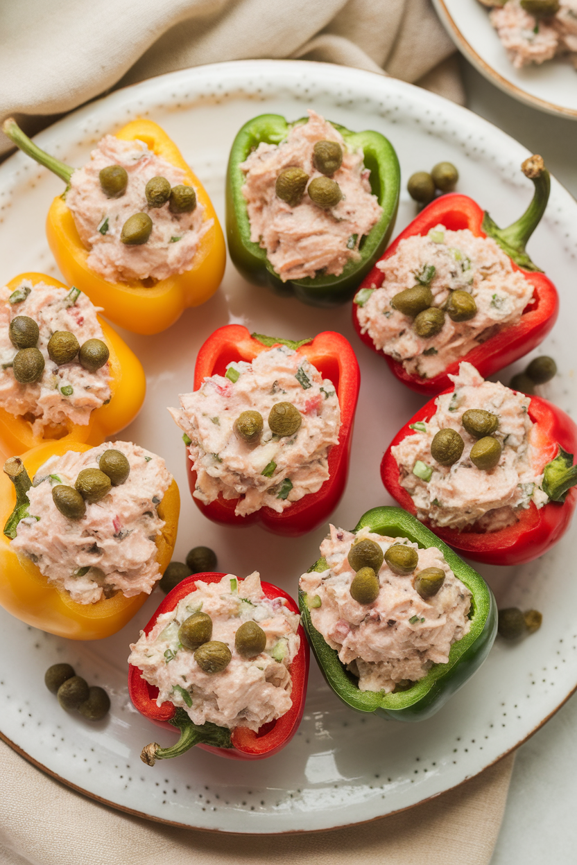 Indoor photo of bright cherry peppers filled with tuna salad studded with capers, set on a white ceramic platter. No logos or text.