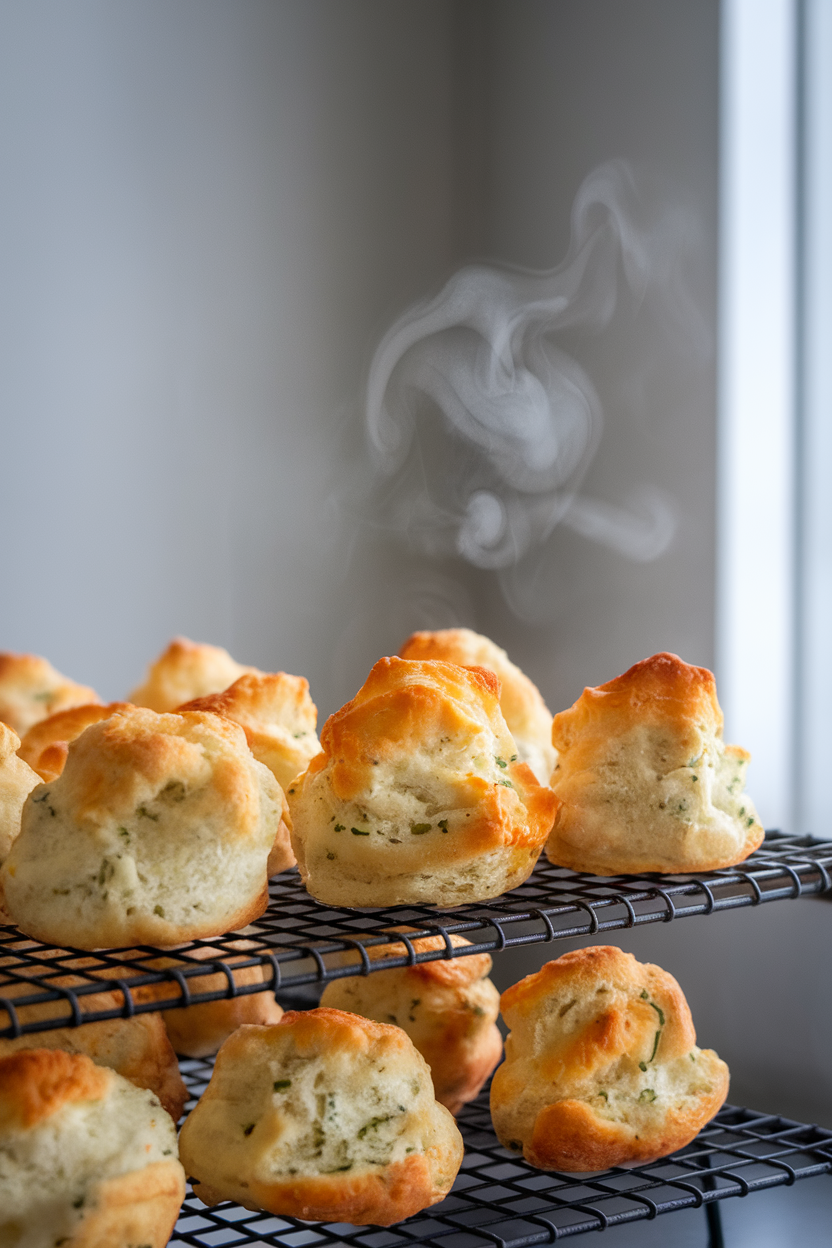 Photo of an indoor wire rack holding airy cheese puffs with flecks of chive visible, steam faintly wafting upward; no text or logos.