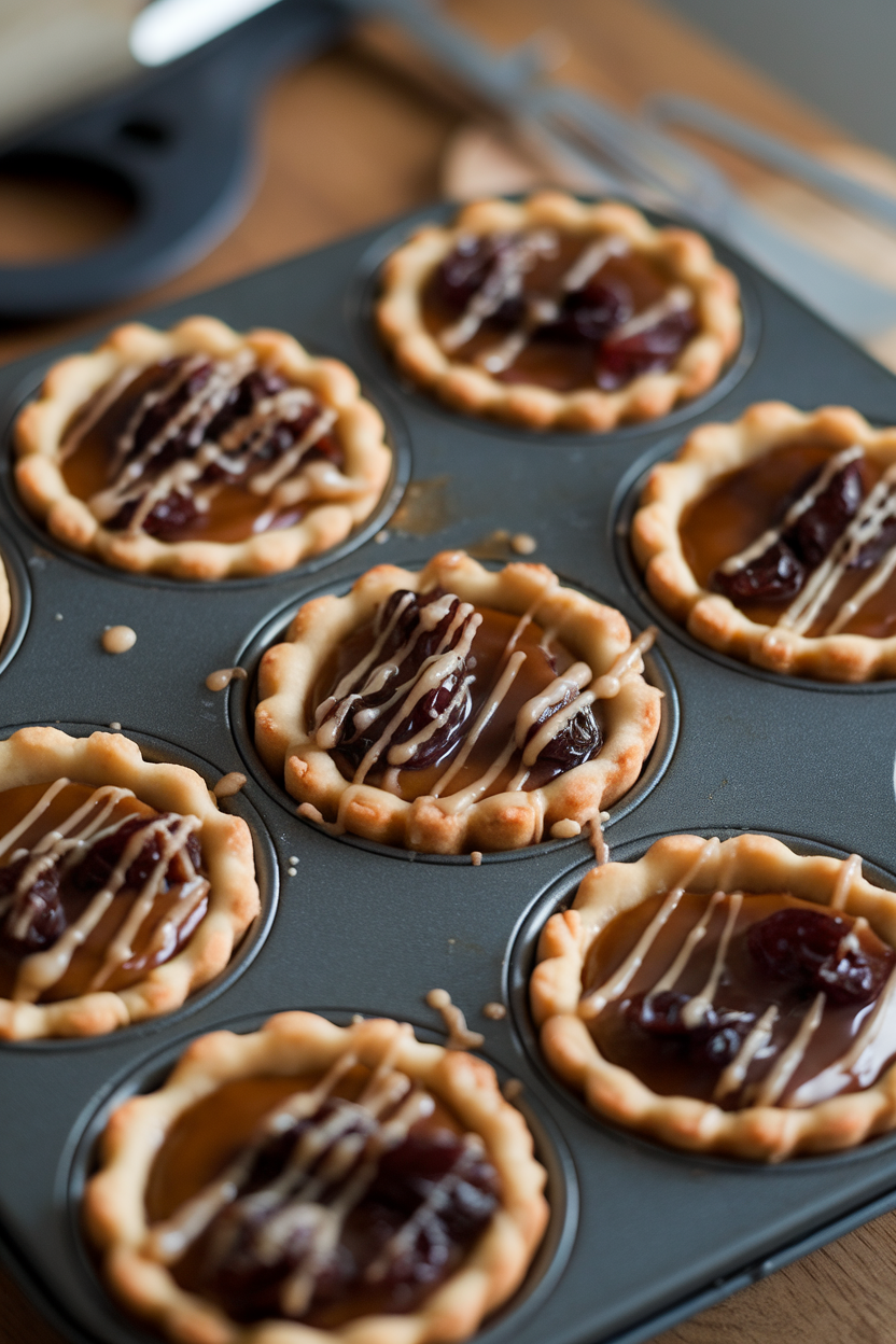 Indoor photo of mini butter tarts in a muffin tin, gooey centers just set, brushed with shiny maple glaze; no text or logos.