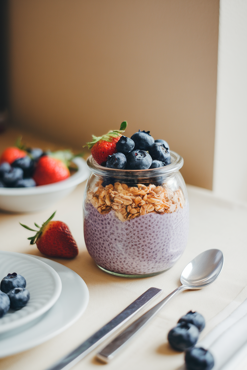 Indoor breakfast table with a glass jar of purple chia pudding topped with fresh blueberries and granola. No text or logos visible.