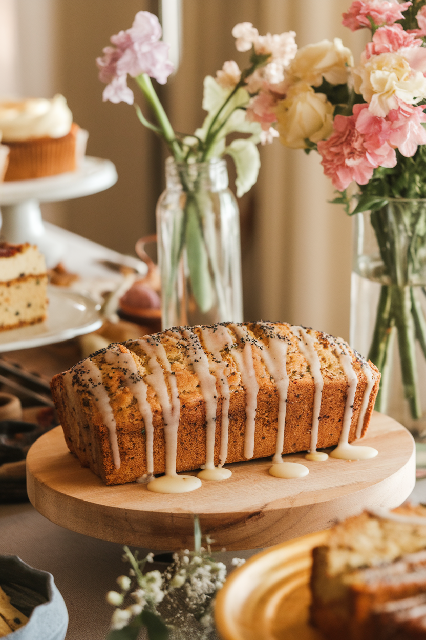 An indoor dessert table with a light almond flour loaf dotted with poppy seeds, thin lemon glaze drizzled on top. No text or logos. Photo only.