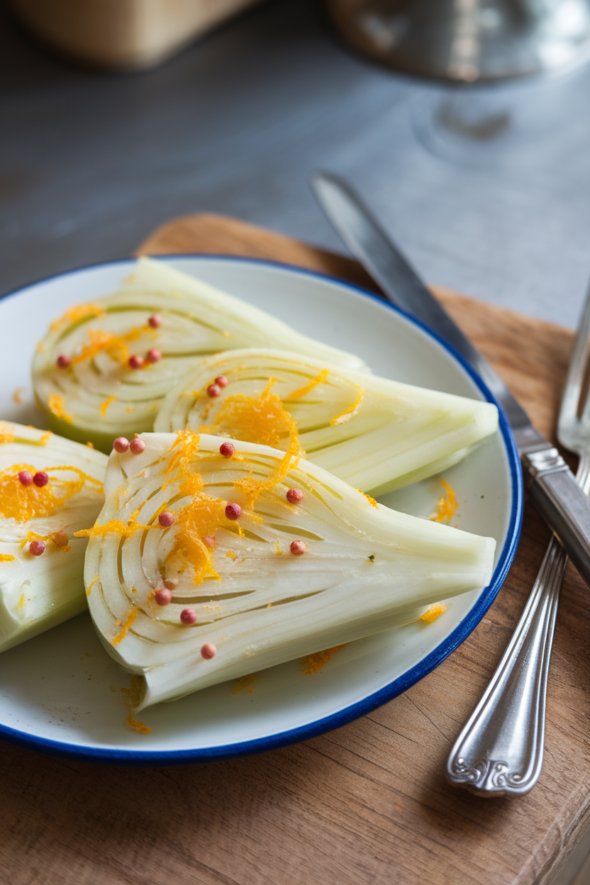 Indoor plate of pale green fennel wedges sprinkled with orange zest and cracked pink peppercorns. No text or logos.