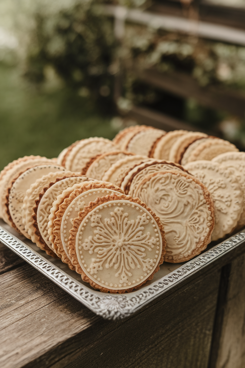 Indoor shot of embossed springerle cookies with intricate patterns, lightly browned edges. Photo, no text or logos.