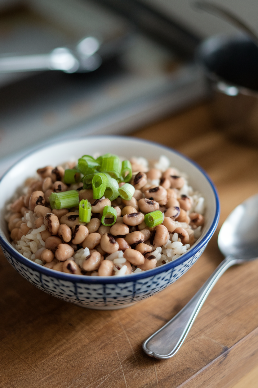 An indoor bowl of black-eyed peas and rice garnished with scallions, photo, no text or logos.