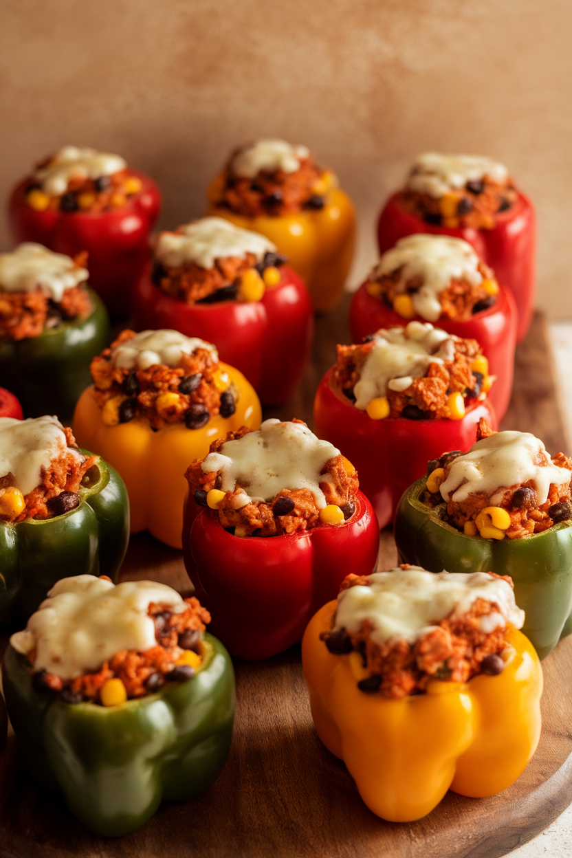 Indoor photo of colorful bell peppers stuffed with taco-seasoned turkey, black beans, and corn, topped with melted pepper jack, no text or logos.