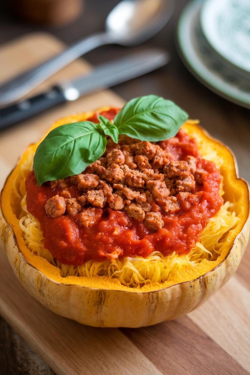 An indoor bowl of roasted spaghetti squash strands topped with turkey sausage crumbles and marinara, basil leaf on top. No text or logos.