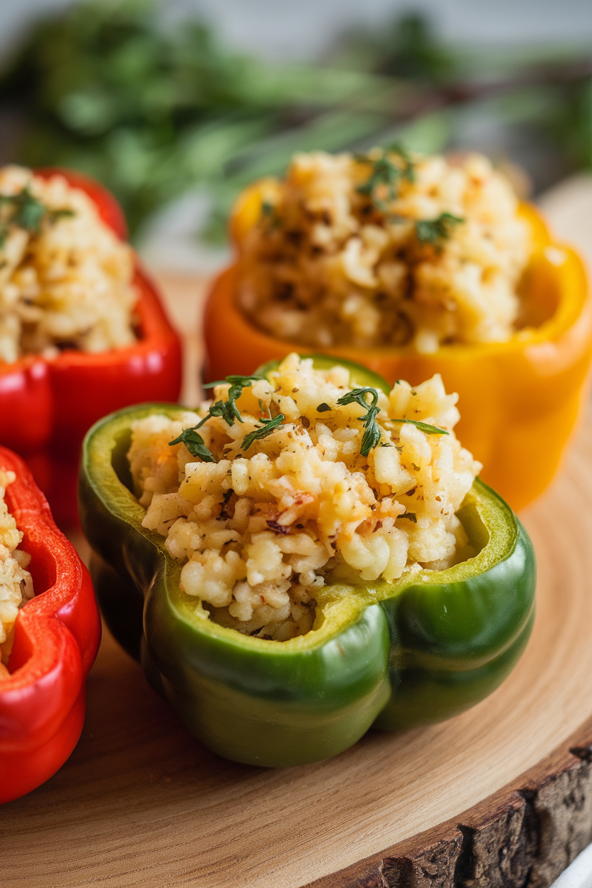 Indoor photo of halved bell peppers stuffed with seasoned cauliflower rice, baked until tender; no text or logos