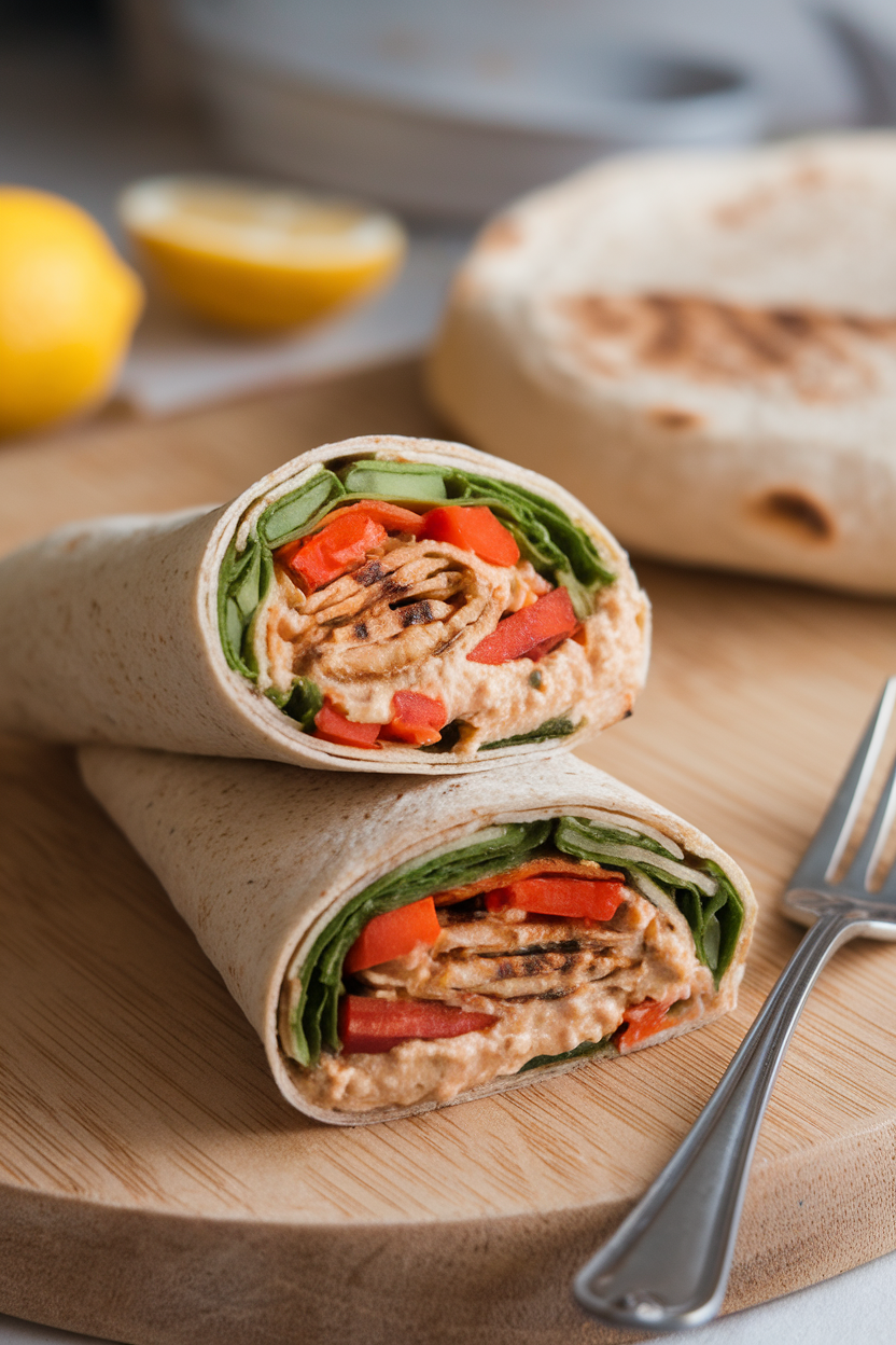 An indoor cutting board showing half of a whole-wheat wrap stuffed with grilled vegetables and hummus, cut to reveal layers. No text or logos.